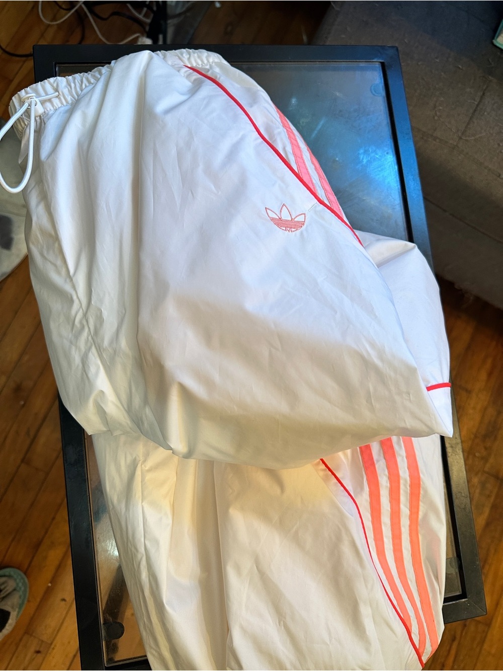 Adidas White Track Pants with Pink Stripes